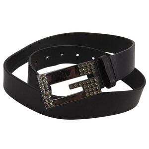 GUESS Men Medium Genuine Leather Gunmetal Rhinestone Bling Buckle Black Belt